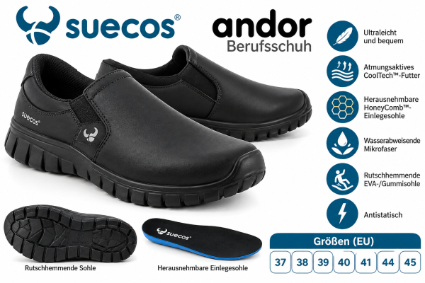 Suecos Andor Unisex Berufsschuh Schwarz – rutschhemmender Arbeitsschuh