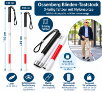 Ossenberg Blinden-Taststock faltbar – 110 oder 150 cm mit Nylonspitze