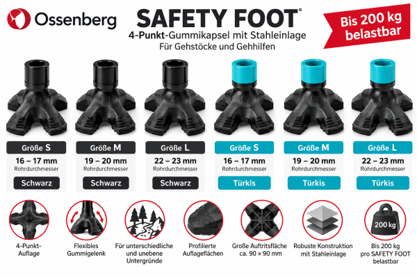 Ossenberg SAFETY FOOT 4-Punkt Gummikapsel mit Stahleinlage für Gehstöcke
