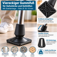 Viereckiger Gummifuß für Gehstock Ø 16–19 mm Schwarz mit Stahleinlage