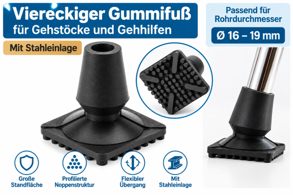 Ossenberg viereckiger Gummifuß Schwarz Ø 16–19 mm mit Stahleinlage